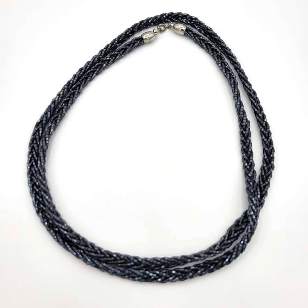 Vintage Crown Trifari Gunmetal Grey Glass Bugle Beaded Braided Rope 36" Necklace